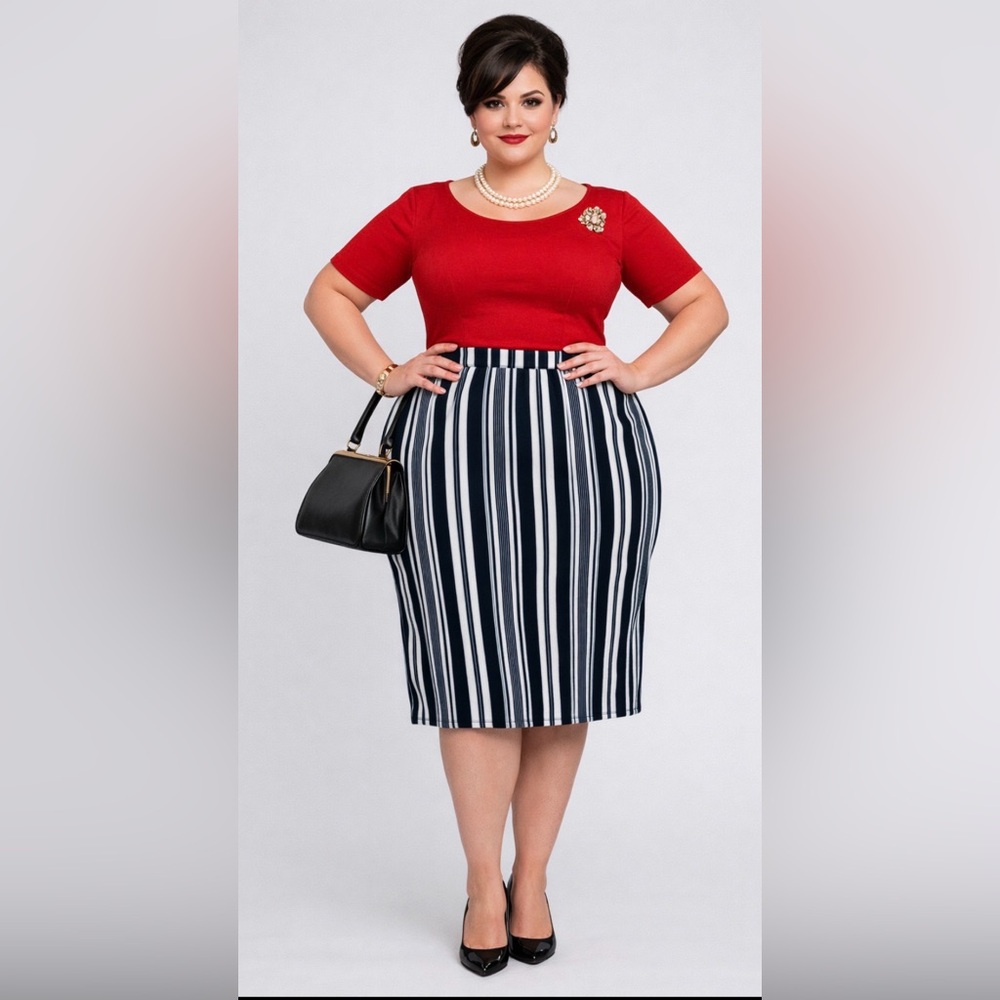 Pinup style- Striped Black and White - crepe, lined pencil Skirt